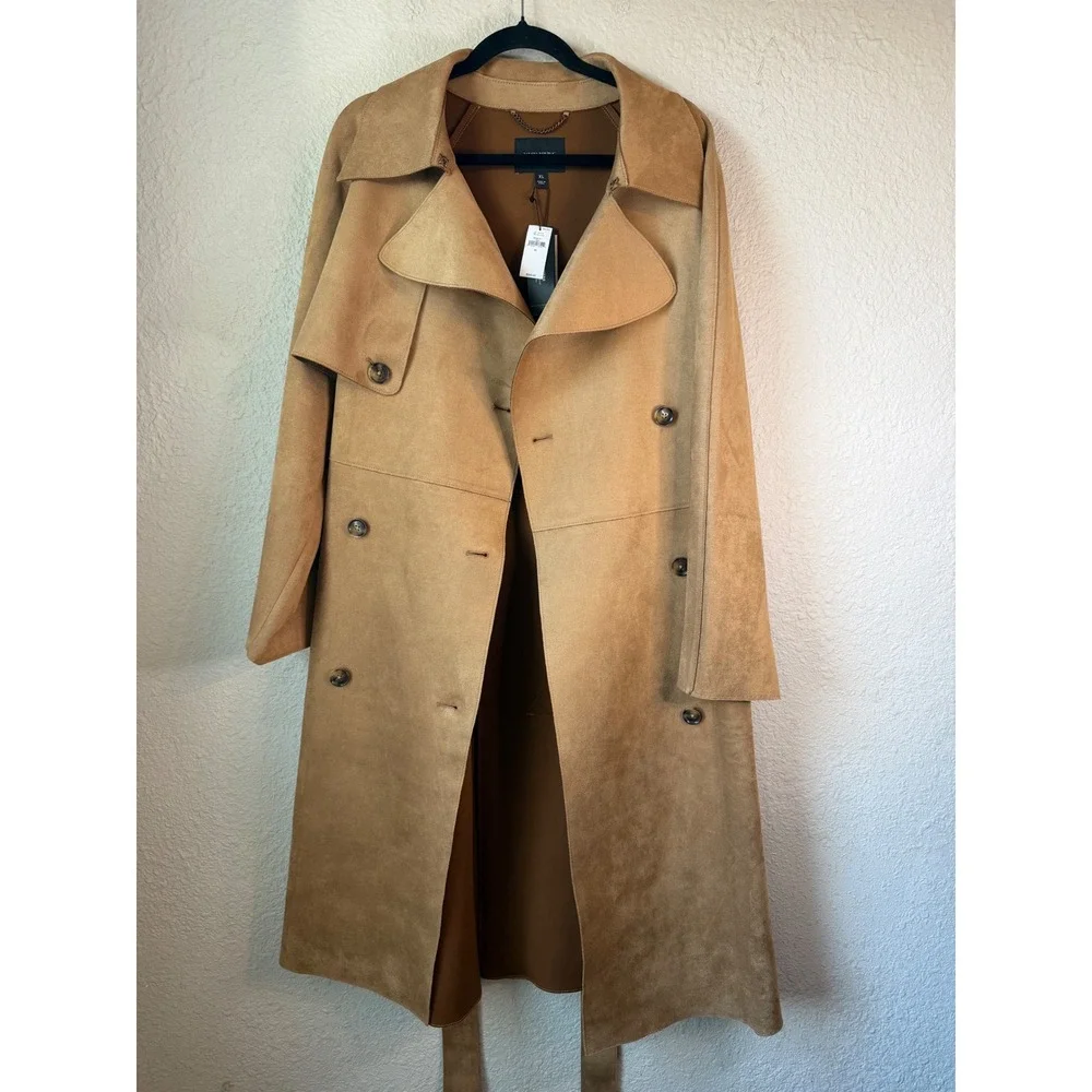 Banana Republic Camel Vegan Suede Trench Coat XL Long - Picture 8 of 11